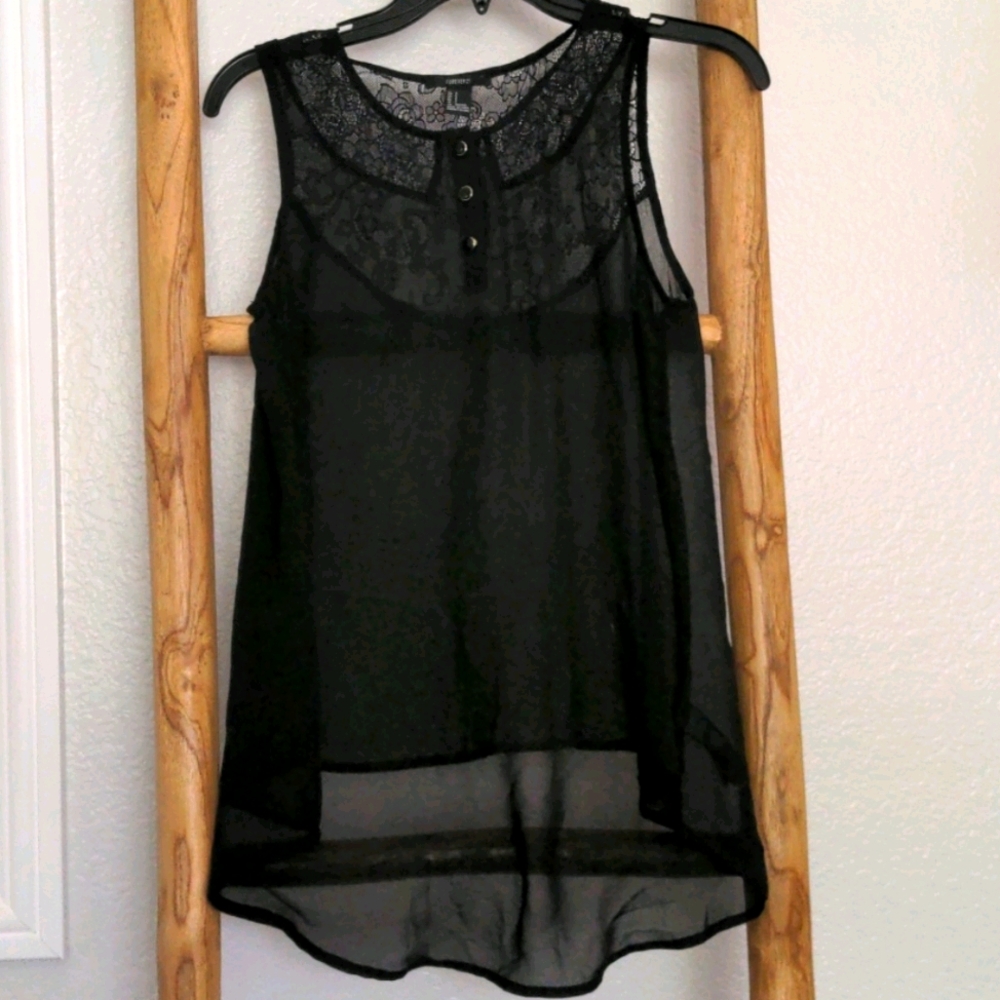 Sheer black lace yoke high low top